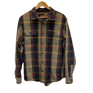Orvis Heavy Weight Flannel Shirt Men Large Brown Plaid Shacket Pockets Chorecoat